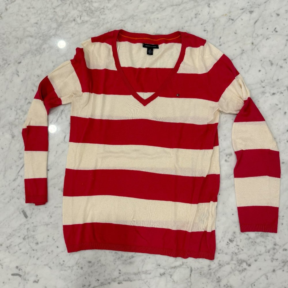 Tommy Hilfiger Pink and Cream Striped V-Neck Sweater